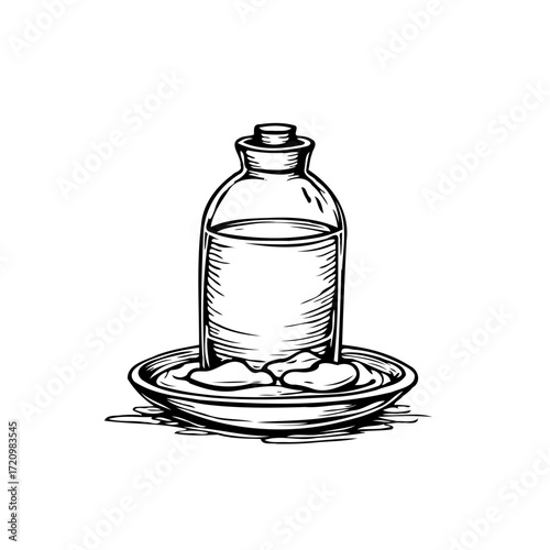 Vintage elixir illustration shows a bottled fluid on a saucer hand sketched with a refined style