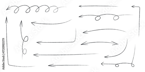 Hand drawn crayon movement arrow collection. Grunge squiggly arrow set. Pencil chalk lines sketch. Black brush scribble element set. Doodle vector illustration.