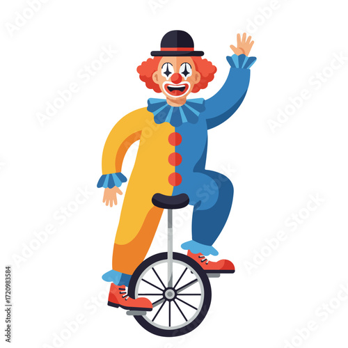 Clown in colorful costume rides unicycle, cheerfully waving hello. Great for circusthemed designs, invitations, and childrens books.