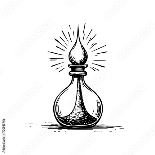 Vintage potion bottle illustration with radiant glow showcases handcrafted essence and meticulous