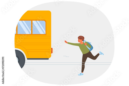 Boy who is late for school bus with backpack on back runs and screams loudly to make it to class. Child was late for school transport due to problems with self-discipline or parental oversight