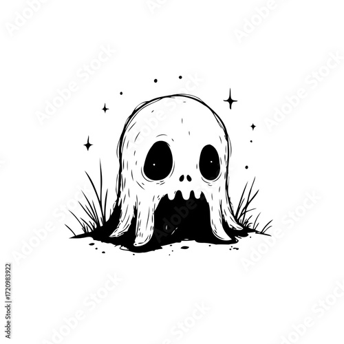 Whimsical apparition emerges from the earth surrounded by twinkling stars in minimalist design a