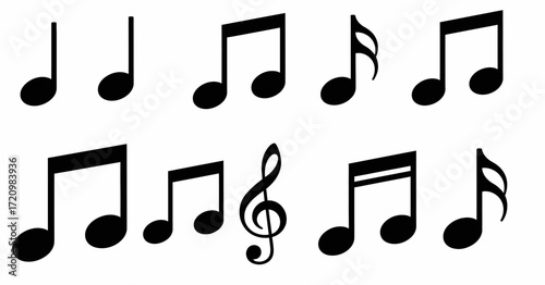 Icon Set of Minimalist Black Musical Notes and Treble Clef Vector Symbols