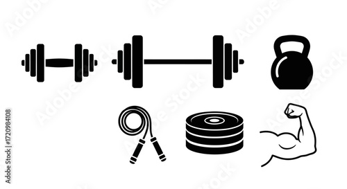 Minimalist Gym Equipment Vector Icon Set with Dumbbell Barbell and Kettlebell Silhouettes
