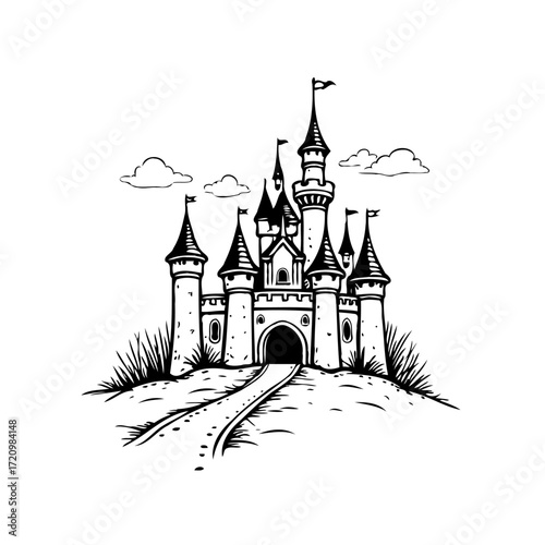 Whimsical castle drawing standing proudly on a hill with a winding path leading up to it royalty