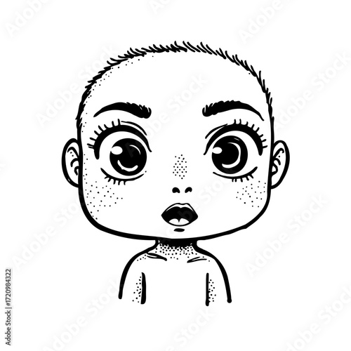 Whimsical depiction of a wide eyed child capturing innocence and wonder in a simple line drawing