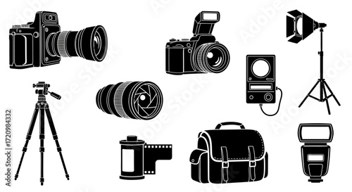 Icon Set Vector Collection of Stylized Photography Equipment Silhouettes