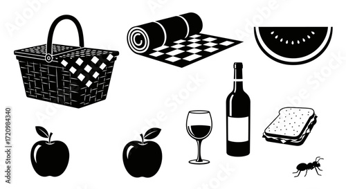 Minimalist Picnic Vector Icon Set with Black Silhouette Food and Outdoor Elements
