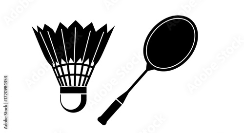 Minimalist Badminton Sport Vector Icon Set with Racket and Shuttlecock Silhouette