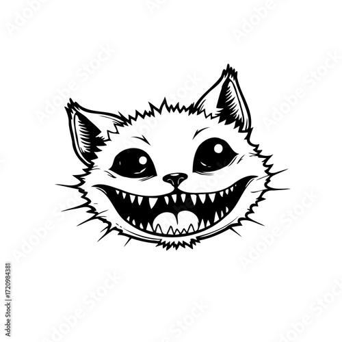 Whimsical feline character with expressive eyes and exaggerated grin offers artistic stylized design