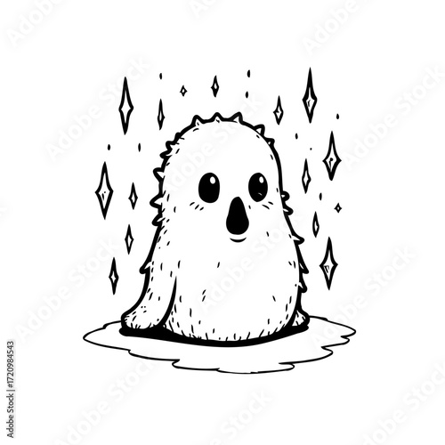 Whimsical fuzzy creature enveloped in a shimmer of celestial sparkles and floating on a liquid
