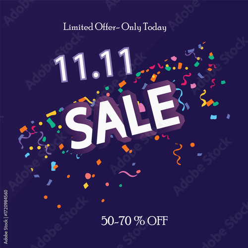 11.11 Sale Celebration Background with Confetti, Colorful Lights and Festive Shopping Discount Offer
