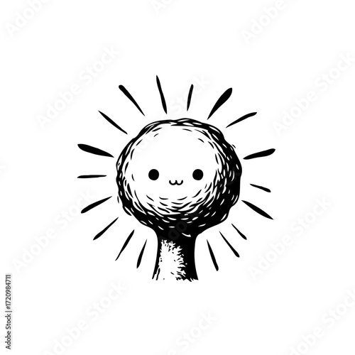 Whimsical hand drawn tree character with cute facial expression radiating playful sunshine