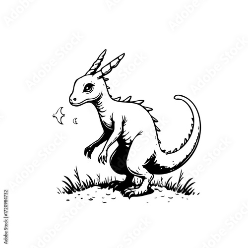 Whimsical horned creature illustration in black and white evokes fantasy tales within a minimalist