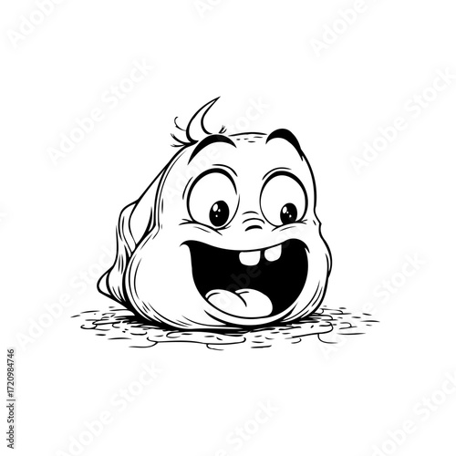 Whimsical illustration of a cheerful cartoon character with an expressive face and open mouth