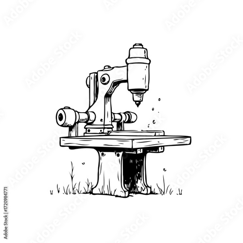 Whimsical illustration of an antiquated drilling press on a grass patch evoking nostalgic workshop