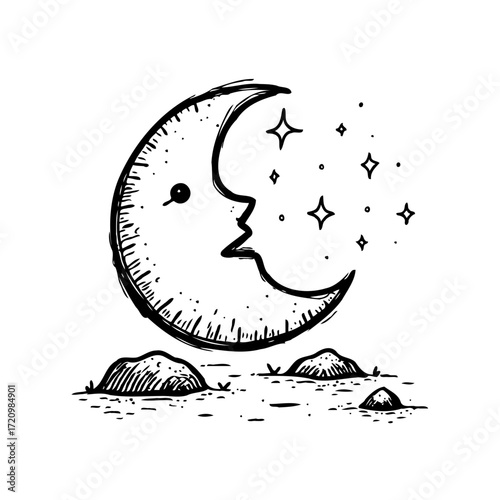 Whimsical Lunar Face with Sparkling Stars Sketch on a Rocky Surface invites imaginative thought
