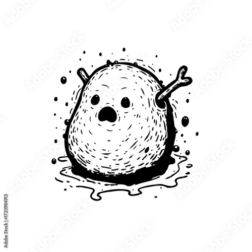 Whimsical monochrome artwork featuring a cartoonish potato character expressing surprise with