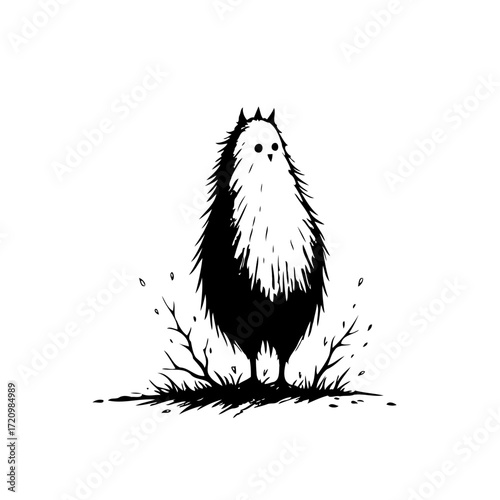 Whimsical monochrome creature amidst wild grass and scattered twigs creates an endearing and