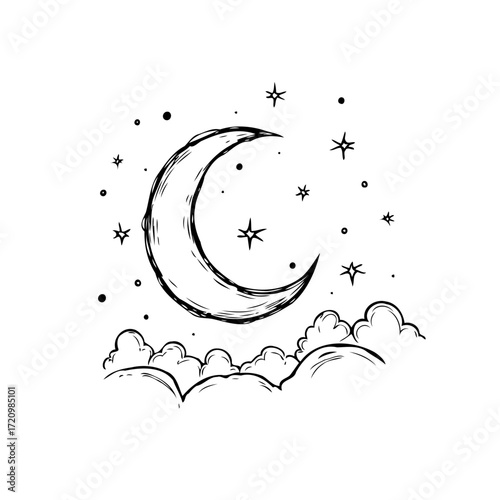 Whimsical nightscape featuring a crescent moon above fluffy clouds surrounded by twinkling