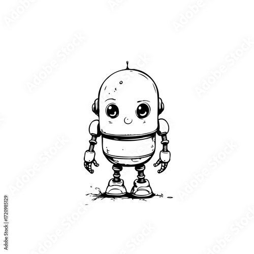 Whimsical robotic character isolated on white creating a simple yet engaging illustration with