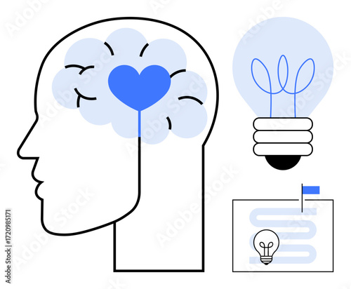 Human head outline with brain heart, glowing lightbulb, and path map with flag and bulb. Ideal for creativity, inspiration, brainstorming, goal setting, innovation strategy and teamwork. Simple