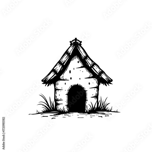 Whimsical shelter illustration showcases a charming home with thatched roof surrounded by tranquil