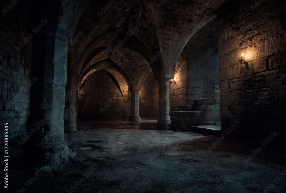 Fototapeta premium Dark Dungeon Interior With Stone Columns and Arches