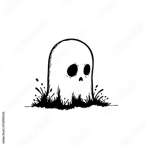 Whimsical spectral apparition emerging from spooky vegetation a playful monochrome illustration