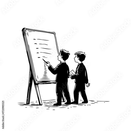 Young entrepreneurs brainstorming innovative ideas on a whiteboard early childhood business