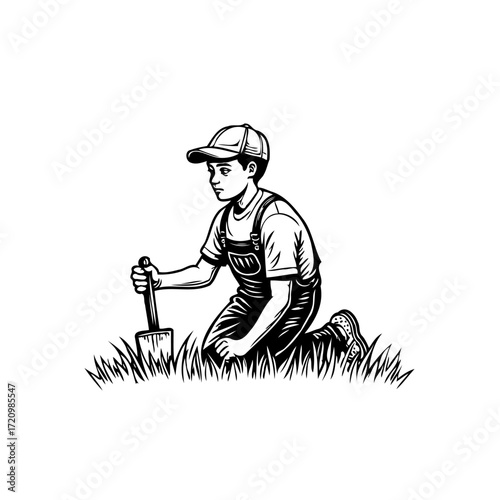 Young boy kneeling in grassy field diligently planting with a shovel during a sunny day outdoor
