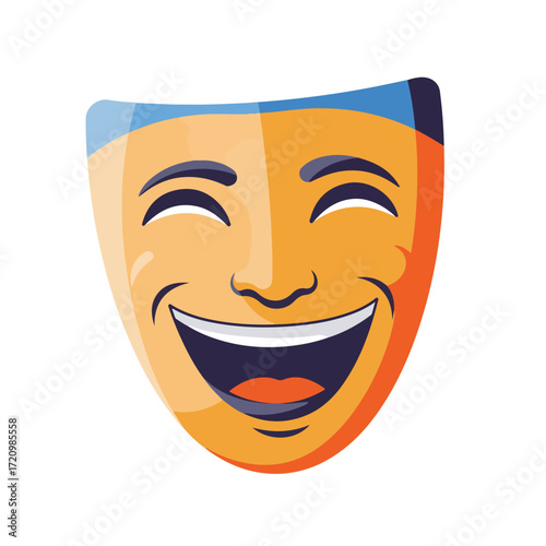 Bright orange laughing mask with a blue top suitable for party invitations, social media posts, halloween decorations, and carnivalthemed designs.