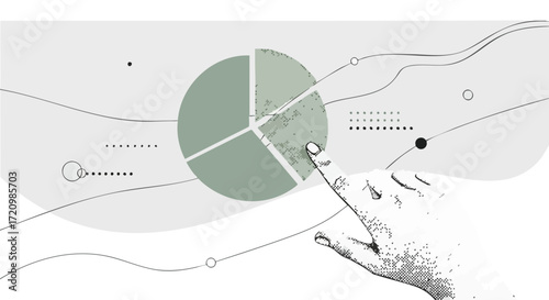 A hand interacts with a pie chart in a minimalist illustration representing data analysis and business intelligence.