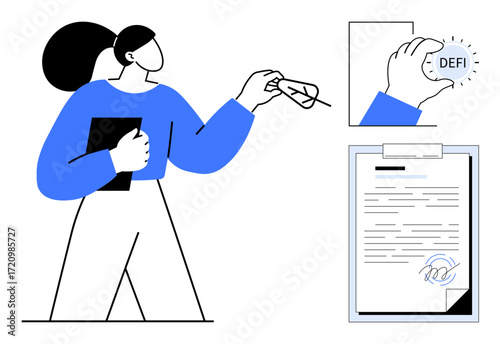 Woman holding a tablet and examining a document, defi coin concept in hand. Ideal for fintech, blockchain, cryptocurrency, technology, digital finance, decentralization business concepts. Simple