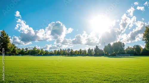 Lush Green Sports Field Under Bright Blue Sky with Fluffy Clouds and Sun Rays Shining in Park Setting