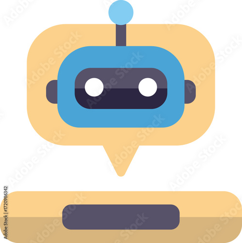 Blue chatbot speaking through speech bubble over blank chat window, symbolizing communication in artificial intelligence
