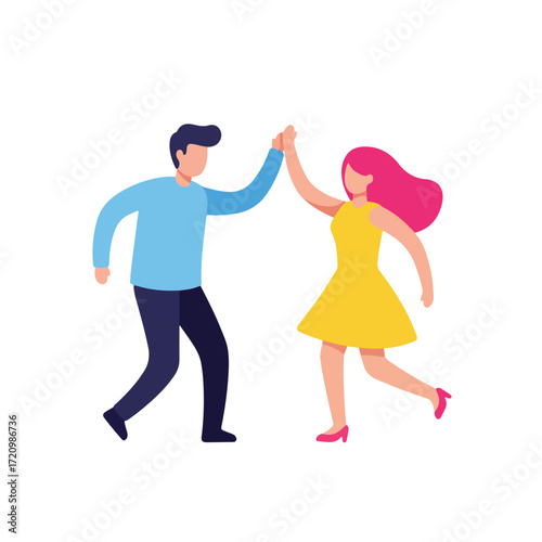Couple cheerfully dances hand in hand in colorful and happy attire. Perfect for celebrations, invitations, event promotions, and anniversary designs.