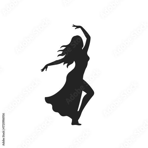 Silhouette of belly dancer with flowing hair, great for dance studio ads, event flyers, and cultural websites needing dynamic images.