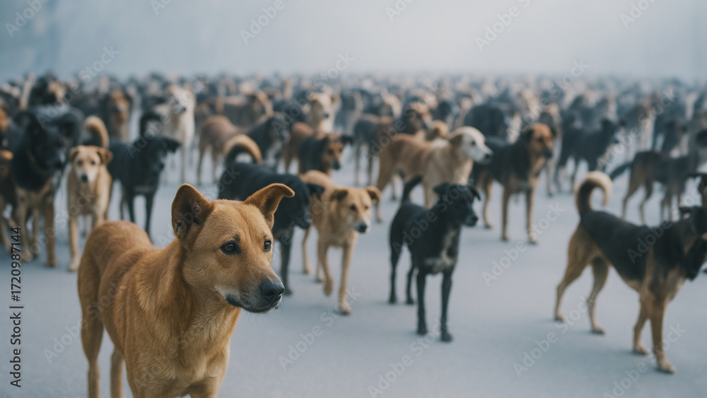 Naklejka premium An expansive and stunning visual spectacle showcasing a vast gathering of dogs, creating an atmospheric scene. Capture a unique composition of community and canine.