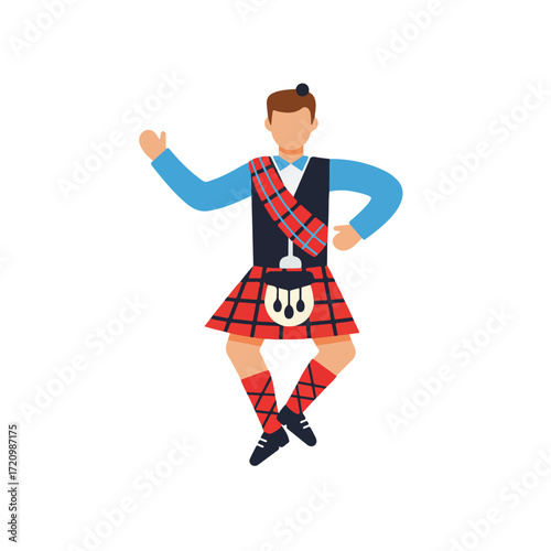 Man in traditional scottish highland dress performing a dance. Suitable for cultural events, dance performances, scottishthemed designs, travel promotions.