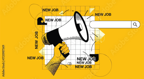 A hand holds a megaphone announcing a new job, with a search bar symbolizing the hiring and recruitment process on a yellow background.