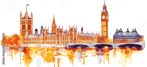 Big Ben and Houses of Parliament. Big Ben and Houses of Parliament watercolor vector illustration