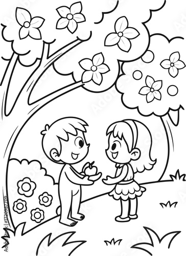 line art adam and eve in the garden of eden  cute .eps