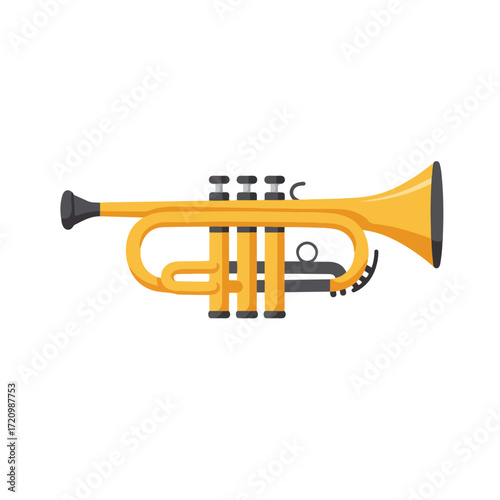 Bright yellow trumpet with black accents, perfect for musicthemed designs, concert promotions, and musical instrument advertisements. Vibrant and eyecatching imagery.