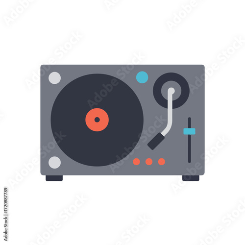 Modern gray turntable for djs with controls buttons and stylus, perfect for musicrelated designs, websites, and promotional materials.