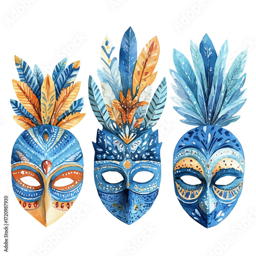 Hungarian Winter Masks, watercolor clipart vector, isolated on a white background.