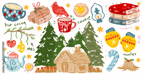 Hand drawn Christmas Winter,cute Aesthetic Winter in forsest, Cute Christmas woods, Cozy winter,Coquette Winter, Coquette Bow,Vintage Holiday, Whimsical Xmas Tree ,Girly Xmas