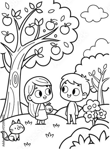 line art adam and eve standing in the garden of ed.eps