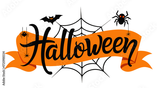 Illustration of halloween text with spider web, bat and spider