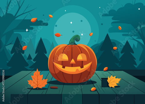 Illustration of jackolantern carved pumpkin on a wooden table at night with a full moon and falling leaves, spooky atmosphere